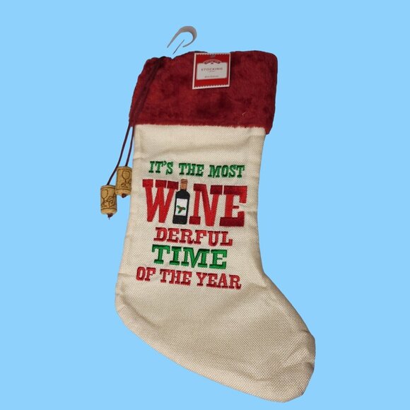 Holiday Time Christmas Stocking 20 In  Funny Wine Theme Red Plush Cuff - Picture 1 of 4